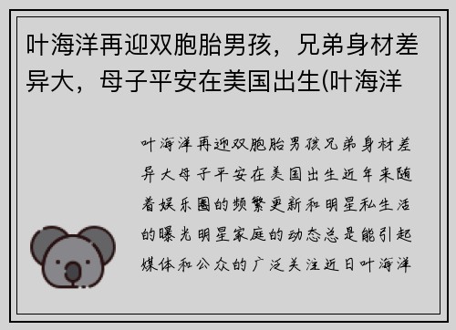 叶海洋再迎双胞胎男孩，兄弟身材差异大，母子平安在美国出生(叶海洋 混血女儿)