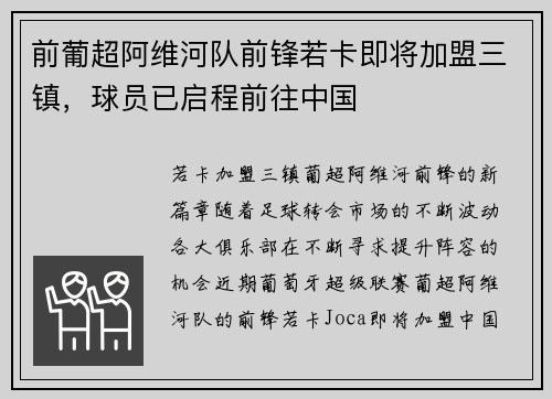 前葡超阿维河队前锋若卡即将加盟三镇，球员已启程前往中国