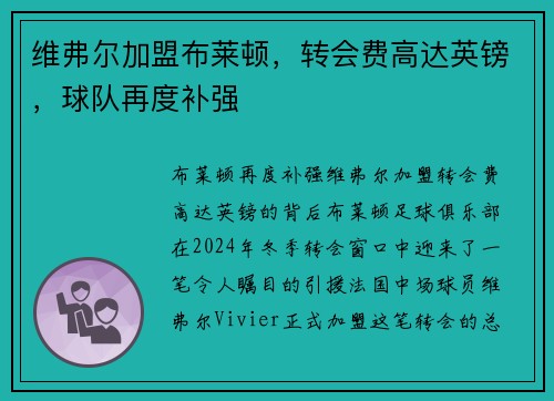 维弗尔加盟布莱顿，转会费高达英镑，球队再度补强