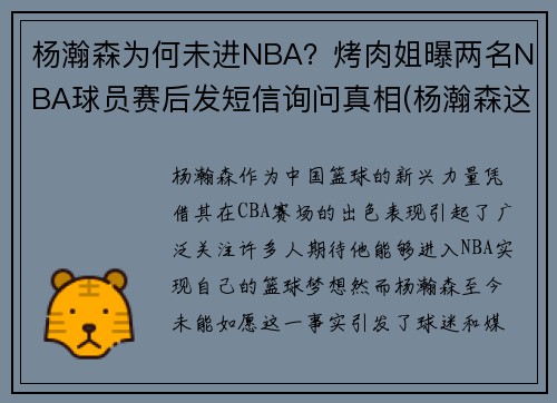 杨瀚森为何未进NBA？烤肉姐曝两名NBA球员赛后发短信询问真相(杨瀚森这个名字怎么样)